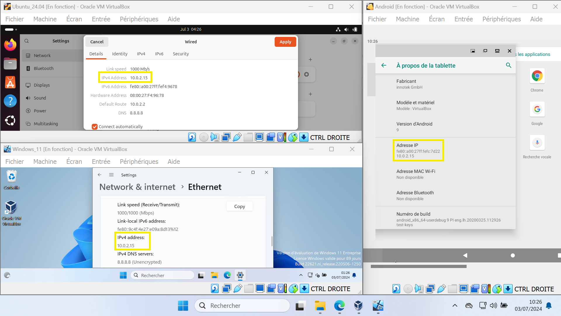 Capture d'écran avec trois fenêtres ouvertes : Ubuntu, Windows 11 et Android, montrant que l'adresse IP de tous les trois est 10.0.2.15.