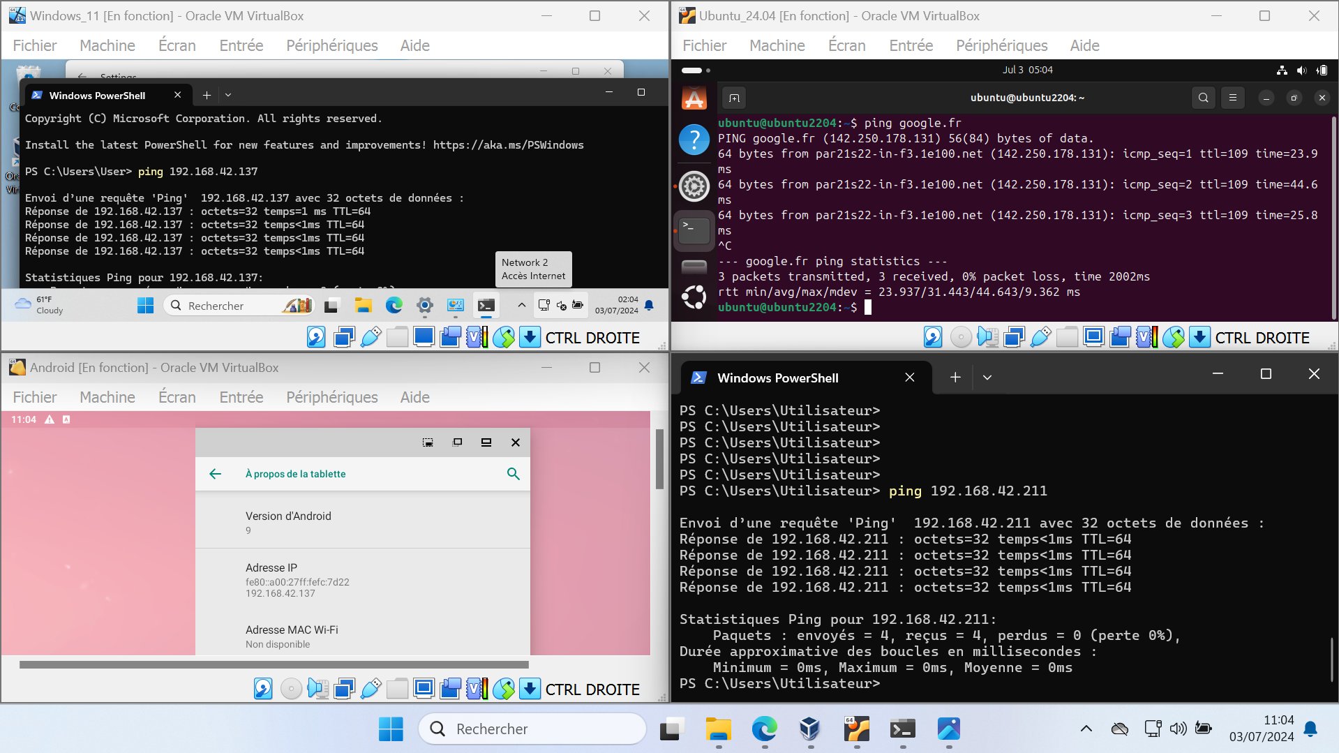Ici l’hôte communique avec la VM Ubuntu, la VM Ubuntu avec la VM Android et la VM Windows avec Google.
