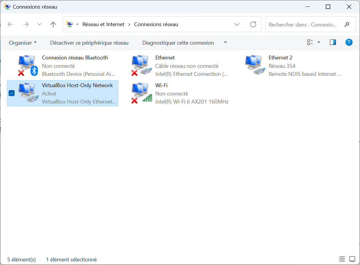 Capture d'écran des Connexions réseau, dont la VirtualBox Host-Only Network.