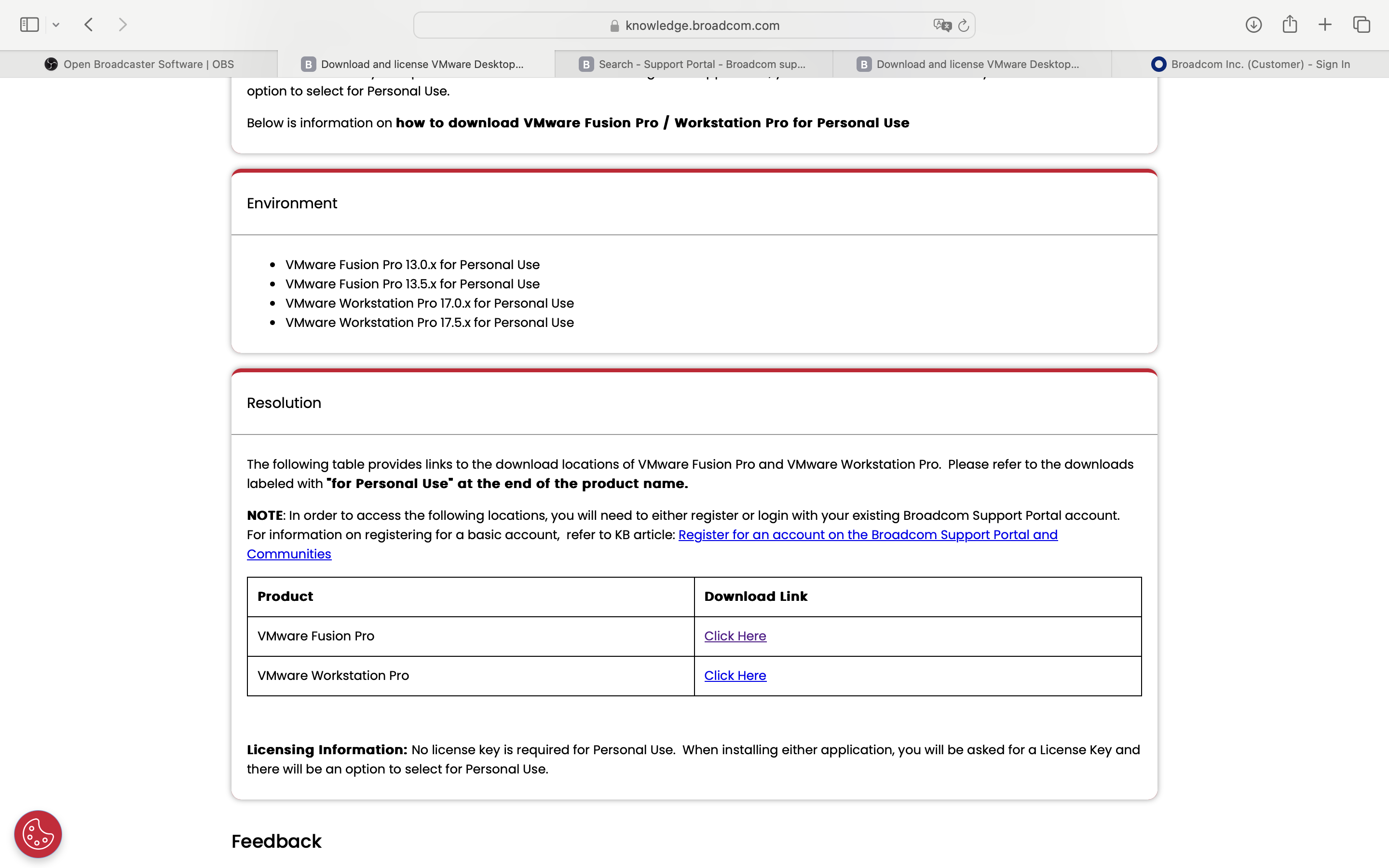 Capture d'écran des informations pour l'installation  de VMWare Fusion Pro