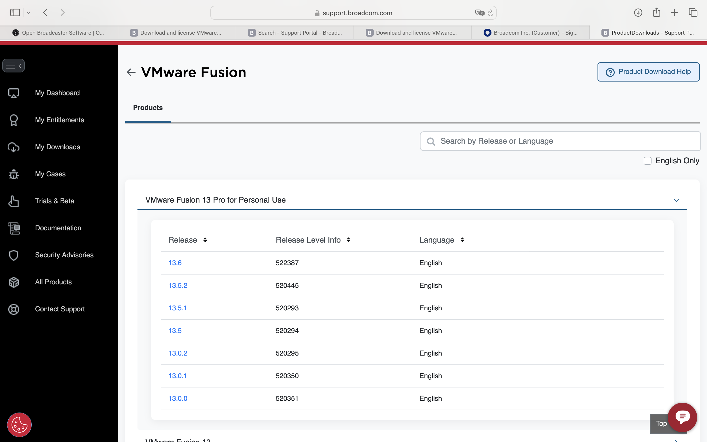 Capture d'écran de la page de sélection de la version de VMWare Fusion Pro