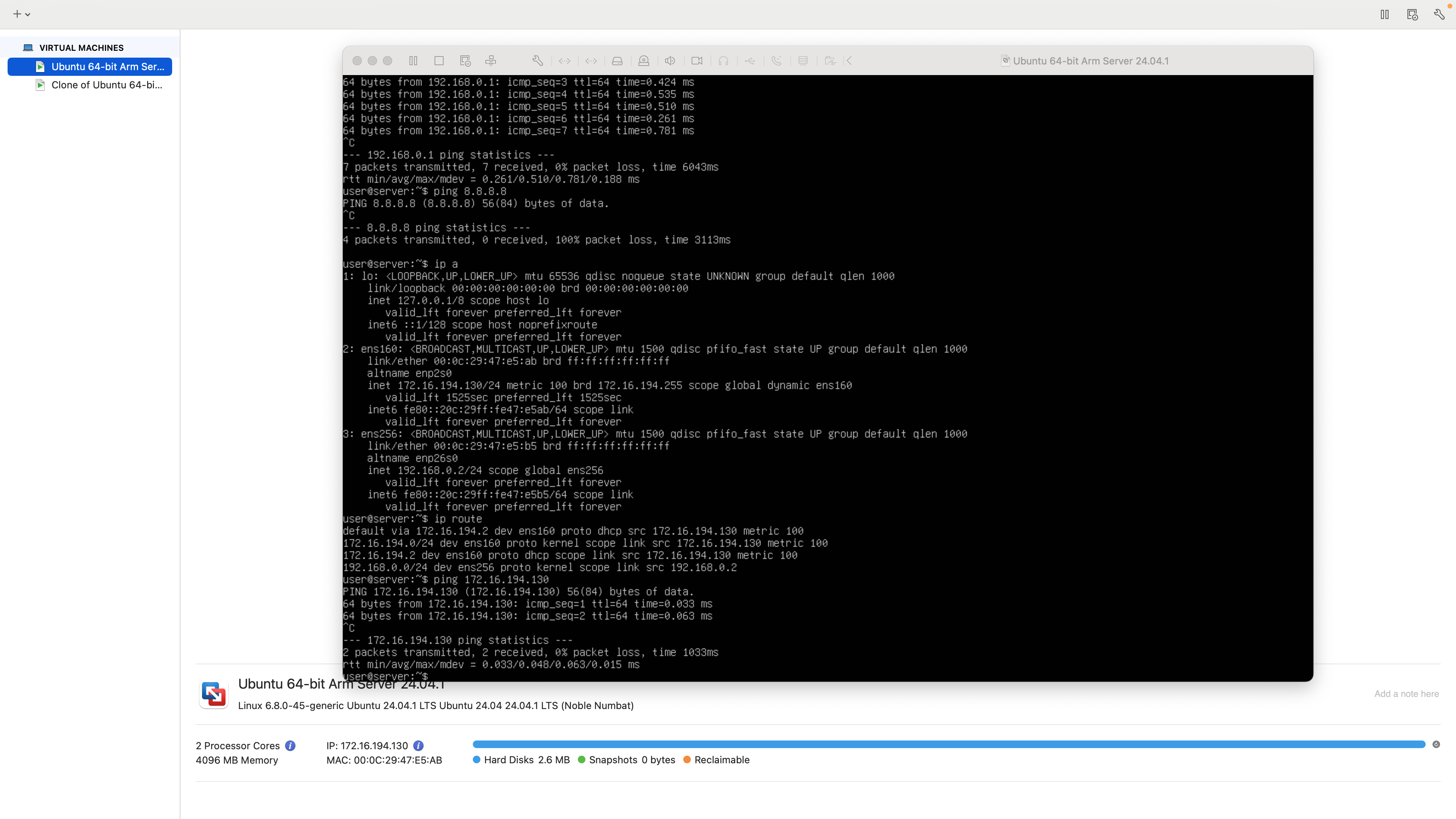 Capture d'écran montrant que la configuration réseau est correcte et le ping fonctionnel.