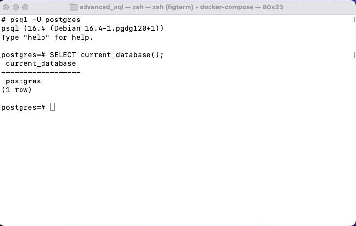 Fenêtre de terminal montrant une session ouverte avec PostgreSQL en utilisant la commande psql -U postgres.