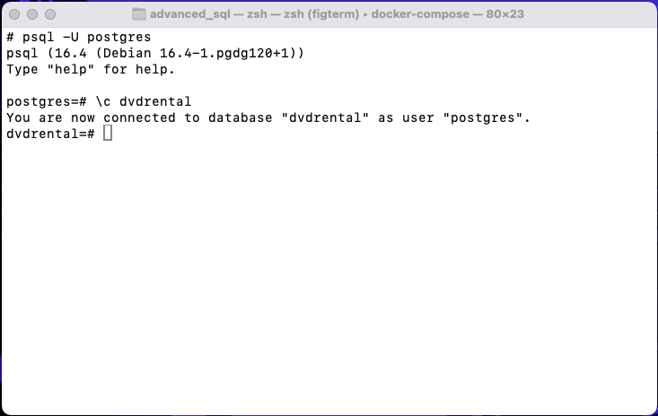 Capture d'écran d'un terminal montrant une session ouverte avec PostgreSQL via la commande psql -U postgres.