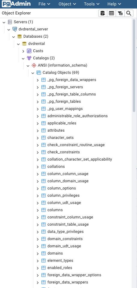 Capture d'écran de l'interface pgAdmin montrant le panneau