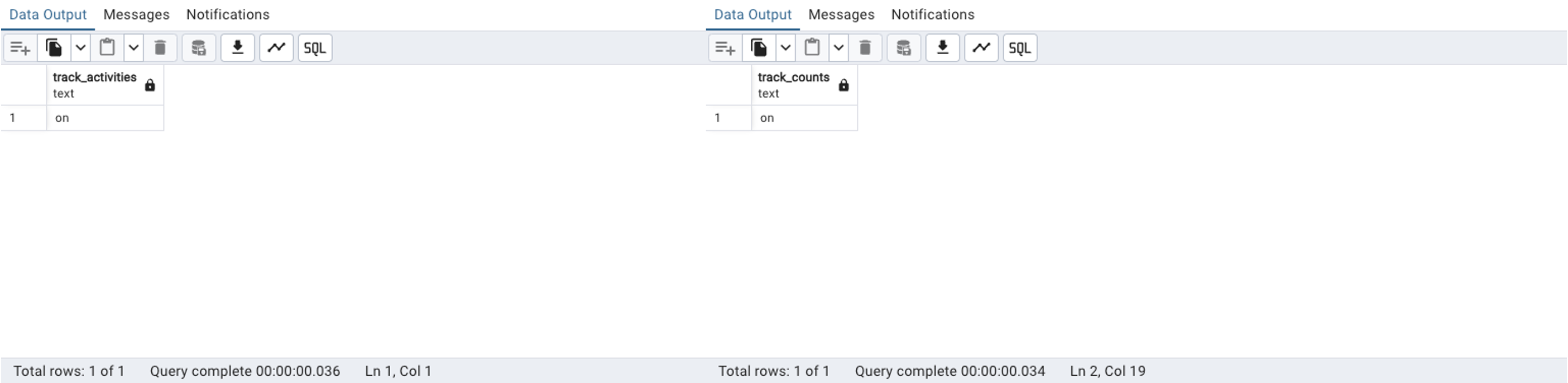 Capture d'écran de deux tableaux de résultats distincts dans pgAdmin.