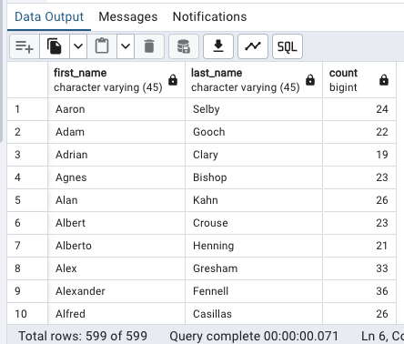 Capture d'écran d'un tableau de résultats de pgAdmin avec trois colonnes