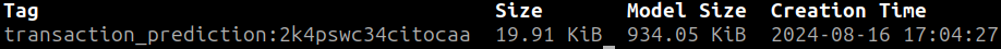L'image affiche des informations sur un modèle avec l'étiquette transaction_prediction:2k4pswc34citocaa. La taille du fichier est de 19,91 KiB, la taille du modèle est de 934,05 KiB, et il a été créé le 16 août 2024 à 17:04:27.