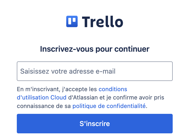 La création d’un compte Trello requiert une adresse email et un mot de passe.