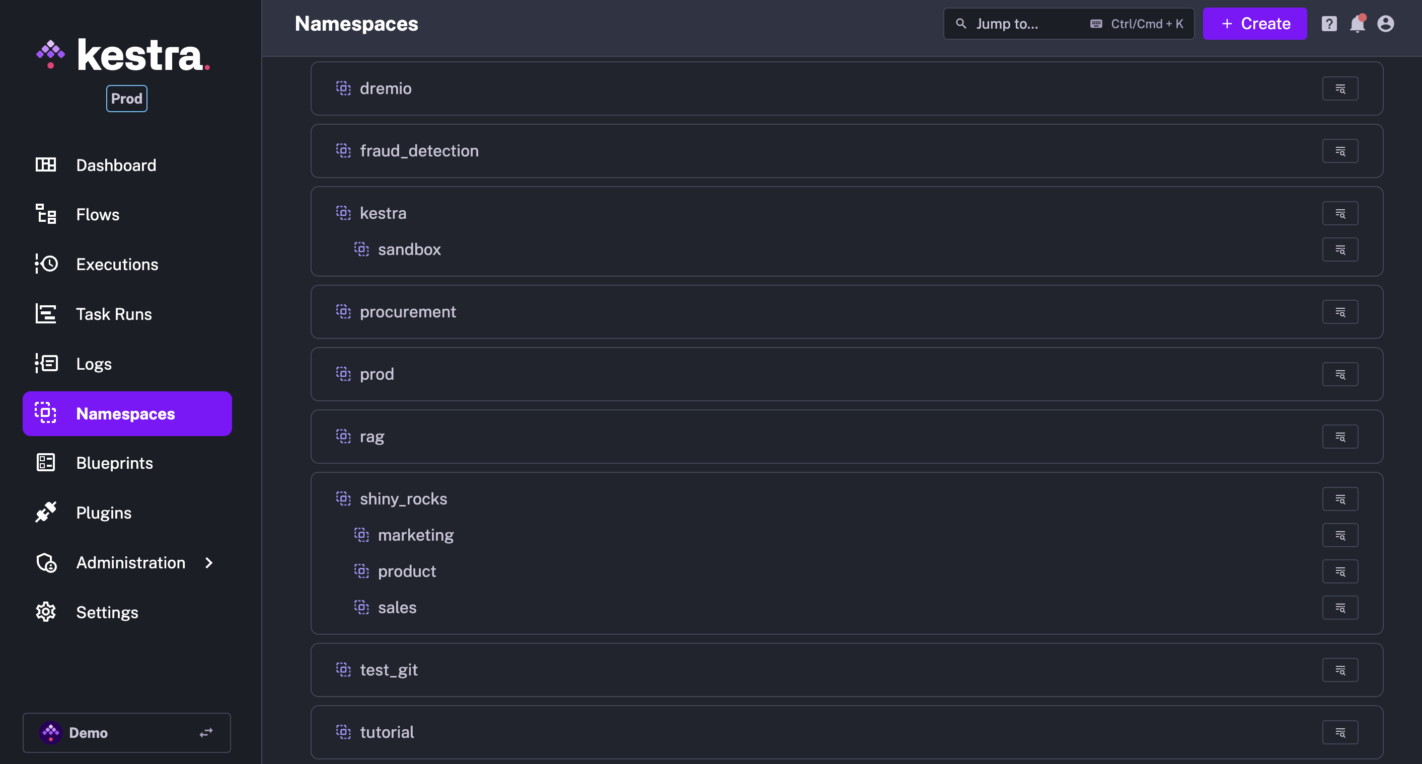 Capture d'écran de l'onglet Namespaces dans Kestra