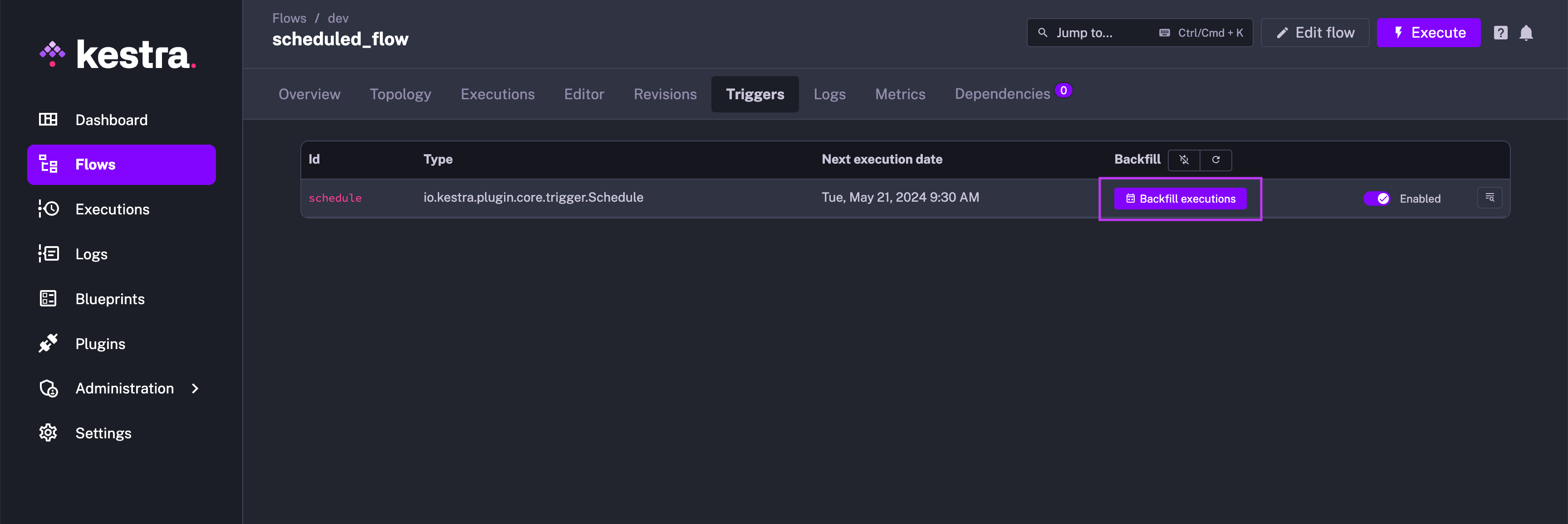 Capture d'écran de l'onglet Triggers dans Kestra. Pour le Schedule trigger listé, la colonne Backfill indique « Backfill executions ».