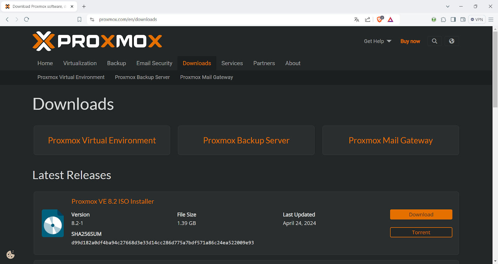 Capture d'écran de la page de téléchargement de Proxmox VE.
