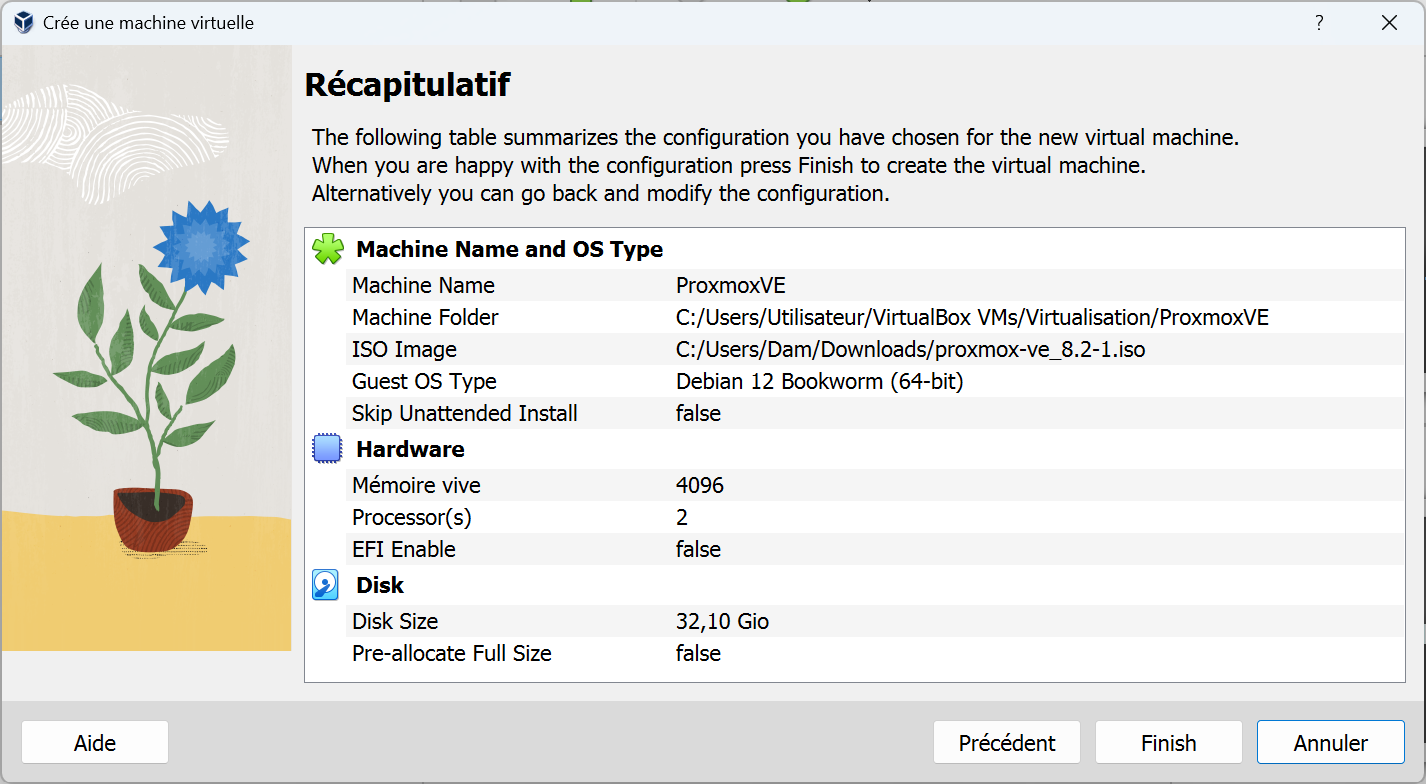 Caputre d'écran du récapitulatif de la création de la VM dans VirtualBox.