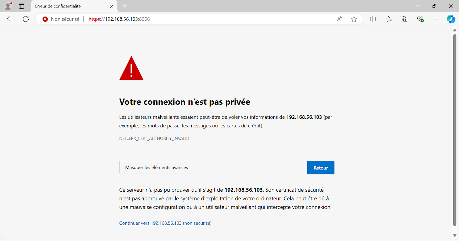 Capture d'écran d'avertissement de sécurité disant que votre connexion n'est pas privée.
