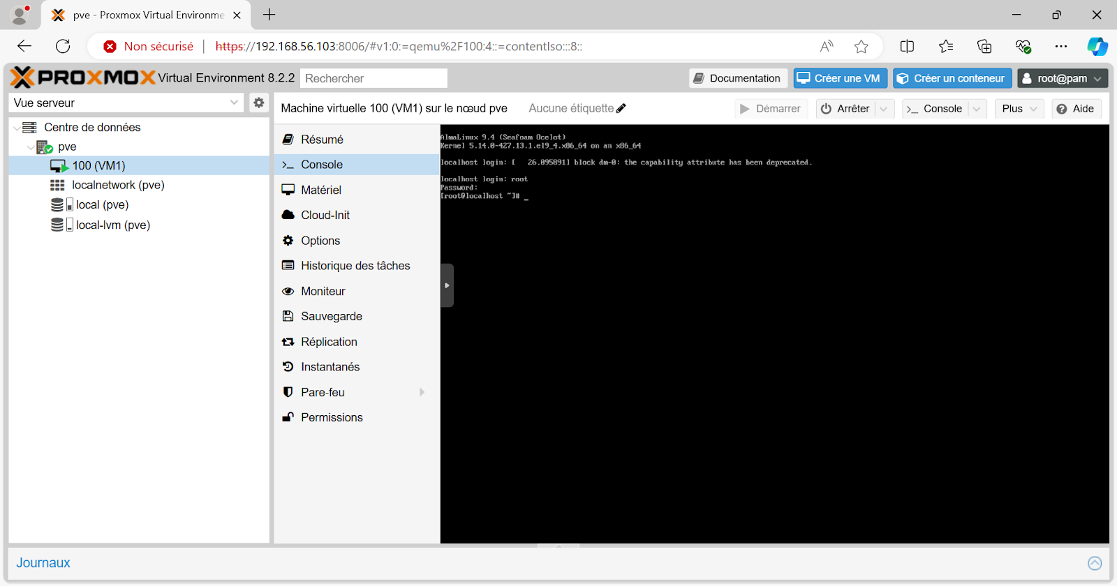 Capture d'écran de la connexion à la VM nouvellement créée. Nous avons le console avec des lignes pour saisir le mot de passe.