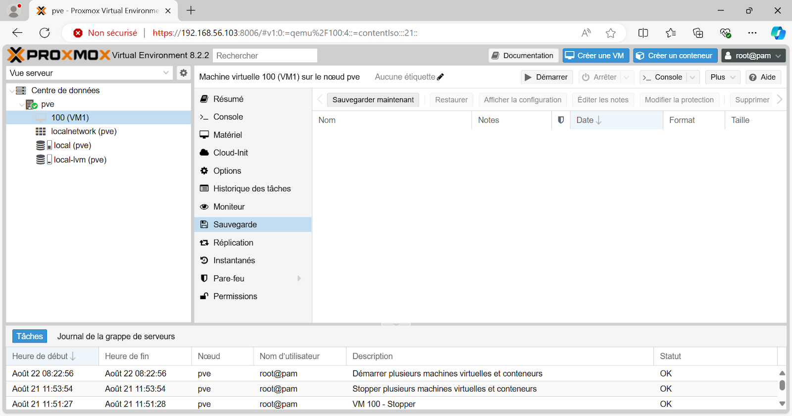Capture d'écran de l'onglet sauvegarde de la VM. Nous sommes toujours dans 100 (VM1) mais au lieu d'aller dans console, on choisi Sauvegarde. L’onglet est vide pour l’instant car sans sauvegarde existante.