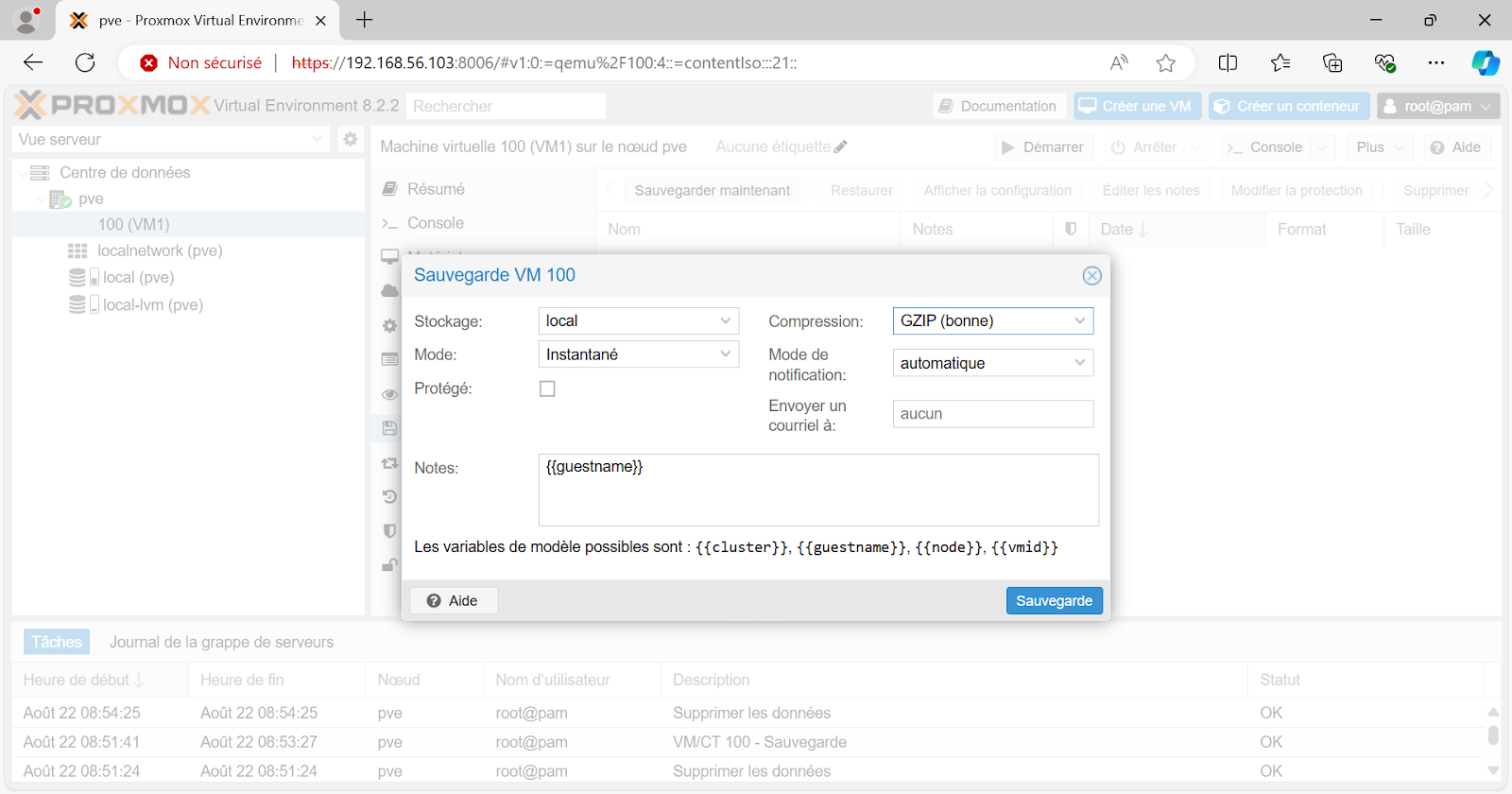 Capture d'écran. Nous avons l'écran avec les options de sauvegarde : stockage, mode, protégé, notes, compression, mode de notification, envoyer un courriel à. Nous avons aussi les variables de modèle qui sont possibles.