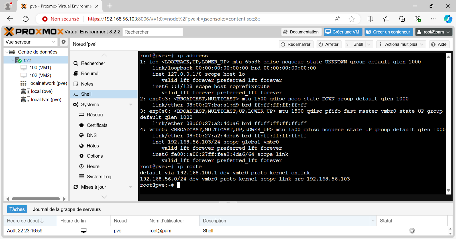 Capture d'écran du résultat des commandes “ip address” et “ip route”. Les détails sont dans le texte qui suit.