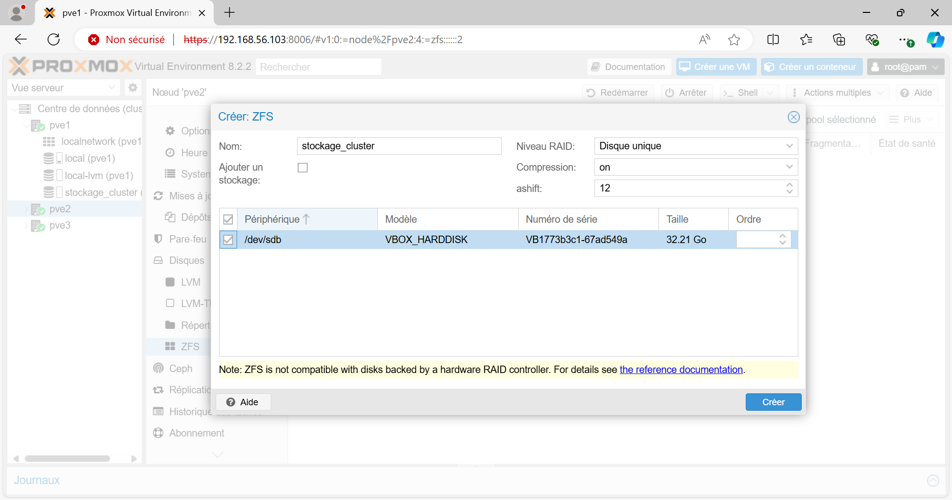 Ajout du stockage ZFS “stockage_cluster” sur le 2ème nœud