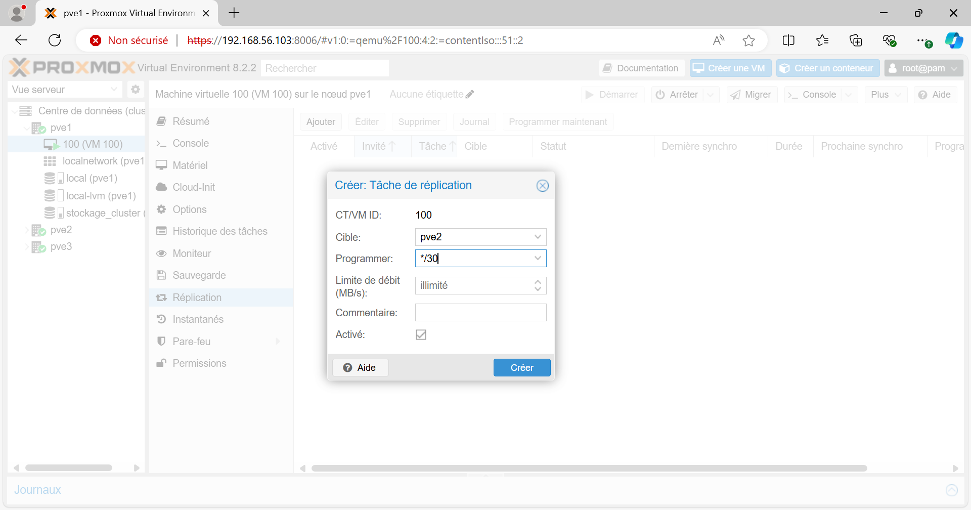Planification de la réplication pour VM100 hébergée sur pve1 qui sera répliquée sur pve2 toutes les 30min