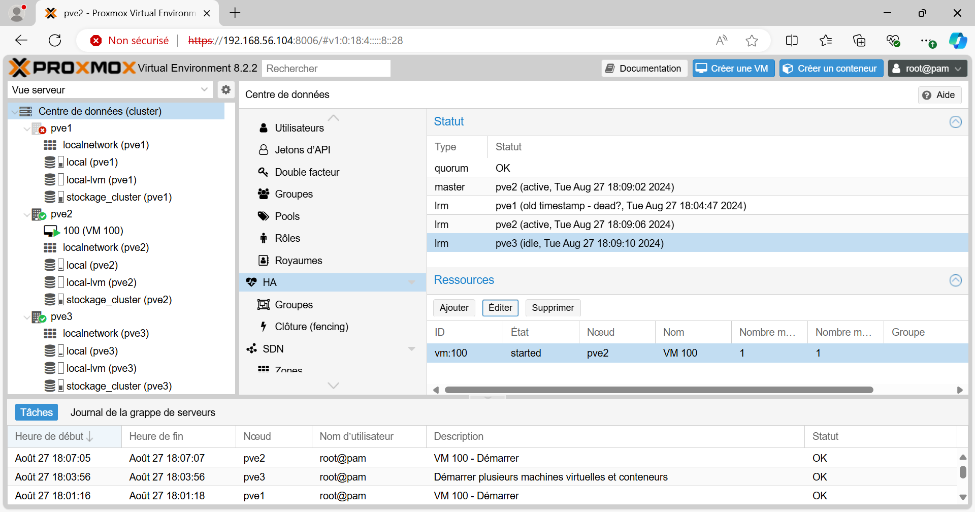 Sur la panneau latéral gauche, la VM 100 qui était sur pve1 a été migrée sur pve2