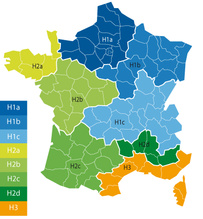 Carte de la France divisée en zones climatiques codées par couleur. H1 (bleu) au nord, H2 (vert/jaune) au centre-ouest et sud-ouest, et H3 (orange) au sud-est et Corse. Chaque zone est marquée H1a, H1b, etc., selon les nuances climatiques.