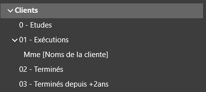 Capture d'écran d'un menu intitulé Clients. Les dossiers sont 0 Etudes, 01 Exécutions, 02 Terminés et 03 Terminés depuis +2ans.