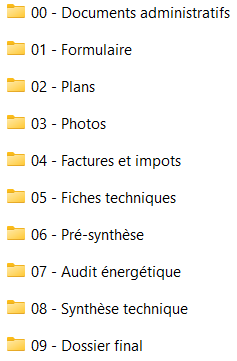 Menu de dossiers commençante avec 00 - Documents administratifs et finissante avec 09 - Dossier final.