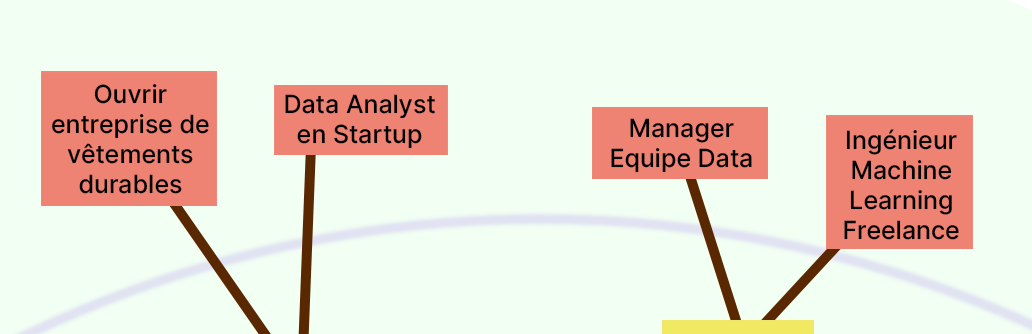 Une partie d’un diagramme en arbre montrant des objectifs professionnels à long terme. Les blocs rouges représentent différentes options, notamment : « Ouvrir entreprise de vêtements durables », « Data Analyst en Startup », « Manager Équipe Da