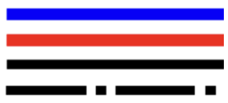 Image qui montre quatre traits : bleu pour l'eau froide, rouge pour l'eau chaude, noir trait plein pour les descentes d’eaux fécales, noir trait pointillé pour les descentes d’eaux usées sanitaires.