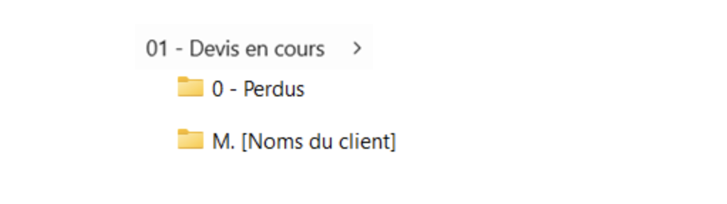 Texte 01 Devis en cours avec une flèche orientée vers la droite, indiquante un sous-menu à explorer. Image de deux dossiers jaunes nommés : 0 - Perdus et M. [Noms du client].