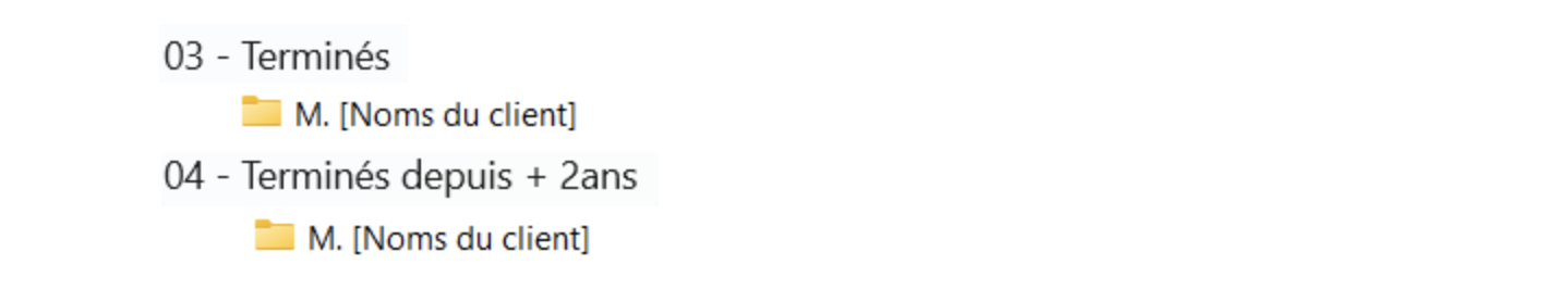 Texte 03 - Terminés. Un dossier intitué M. [Noms du client]. Texte 04 - Terminés depuis + 2ans. Un dossier intitué M. [Noms du client].