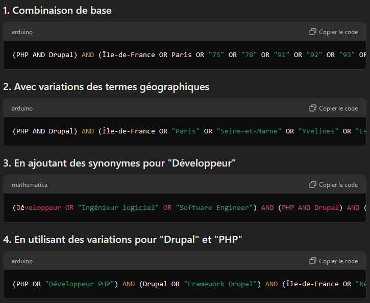 ChatGPT propose une combinaison basique de termes booléens, puis ajoute des variations pour des lieux, des synonymes de développeur, des mots-clés Drupal et PHP.