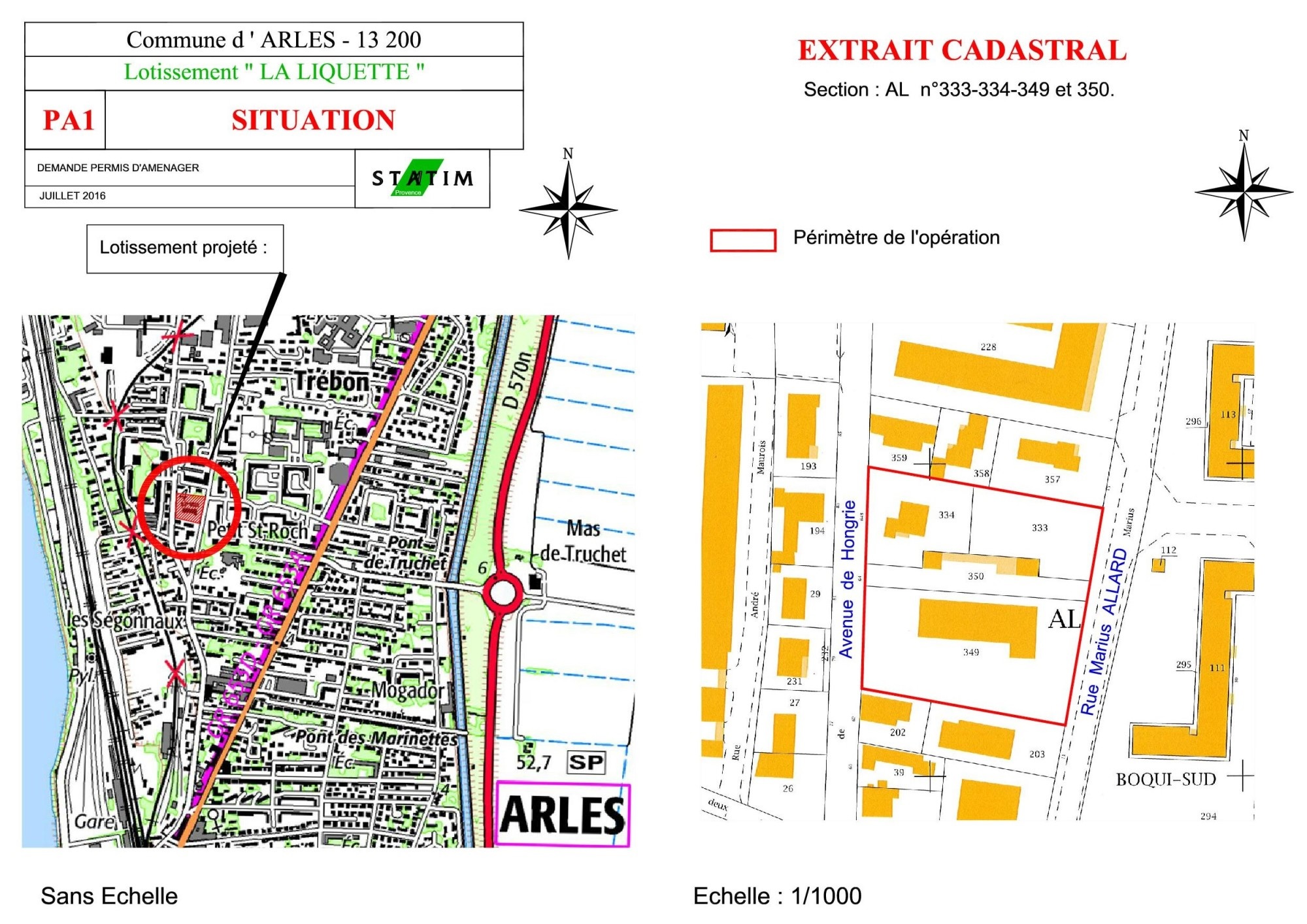 Carte de la commune d'Arles avec un projet de lotissement entouré en rouge sur un plan de situation et un extrait cadastral.