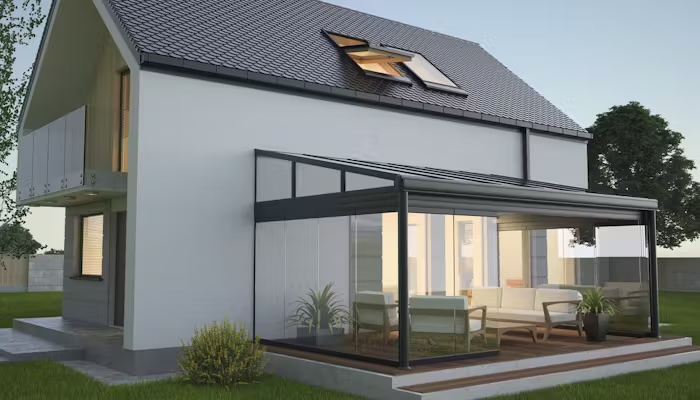 Maison moderne à deux étages avec toit en pente, équipée d'une véranda en verre et métal, éclairée depuis l'intérieur. Le jardin environnant comprend du gazon, des plantes et un arbre en arrière-plan.