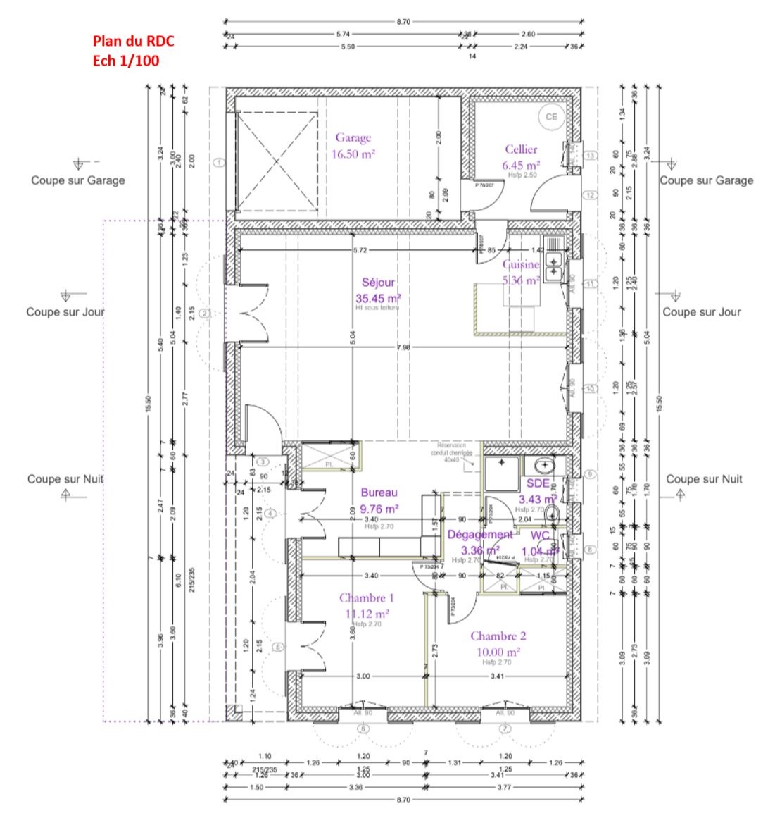 Plan du rez-de-chaussée à l’échelle 1/100. Inclut un séjour (35,45 m²), cuisine, garage, cellier, bureau, deux chambres, une salle d'eau et WC. Les dimensions précises et coupes sont indiquées, avec annotations pour chaque espace.
