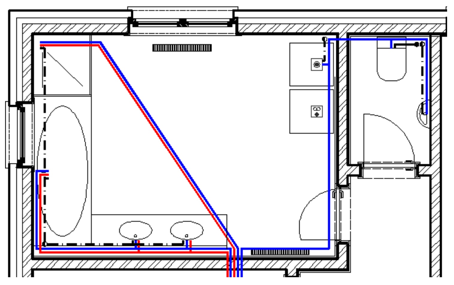 Plan d'une salle de bain avec réseaux d'alimentation en eau chaude (rouge) et froide (bleu). Les équipements incluent une baignoire, deux lavabos, et une douche. Les tuyaux suivent un tracé le long des murs et à travers la pièce.