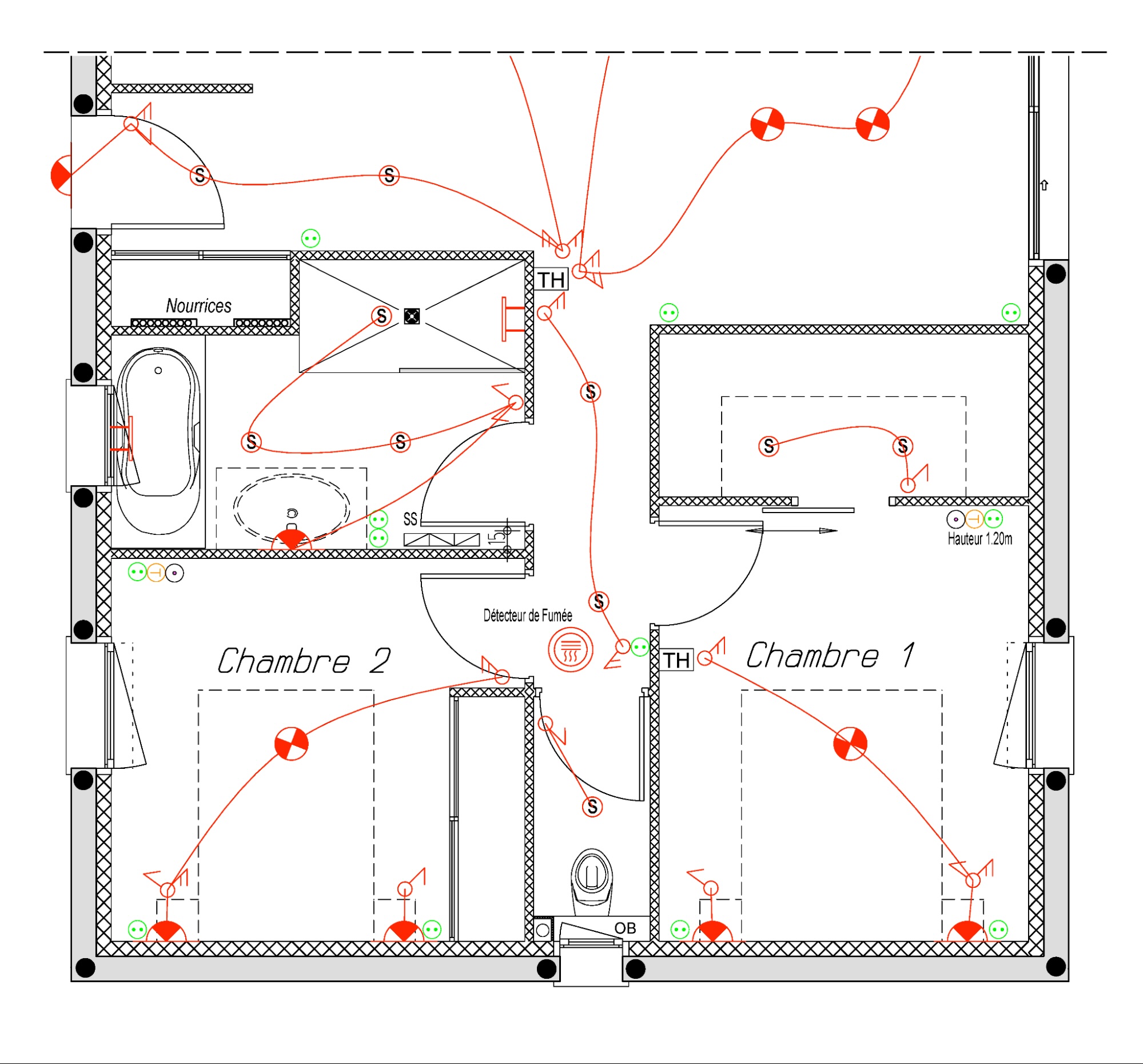 Plan électrique d’un logement montrant l'emplacement des luminaires, interrupteurs, prises (rondes vertes), détecteur de fumée, et thermostats. Le schéma illustre les connexions entre les points et les circuits électriques.