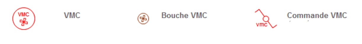 Symboles VMC : unité VMC (cercle rouge avec hélice), bouche VMC (petit cercle brun avec hélice), commande VMC (interrupteur rouge avec