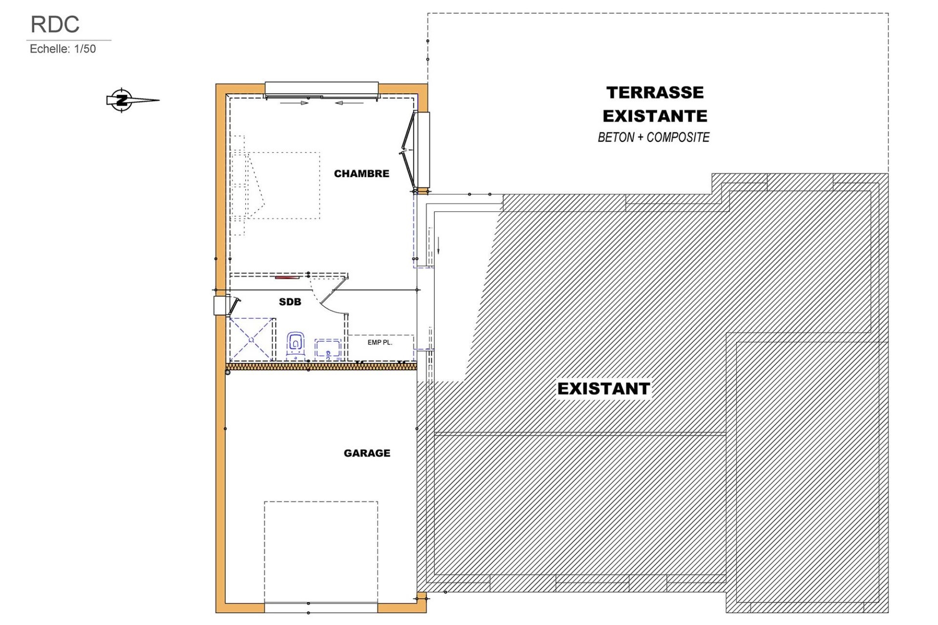 Plan du RDC à l’échelle 1/50. Comprend une chambre, une salle de bain (SDB), un garage et une terrasse existante en béton/composite. Les zones existantes sont hachurées, et l’agencement des espaces est précisé avec annotations.