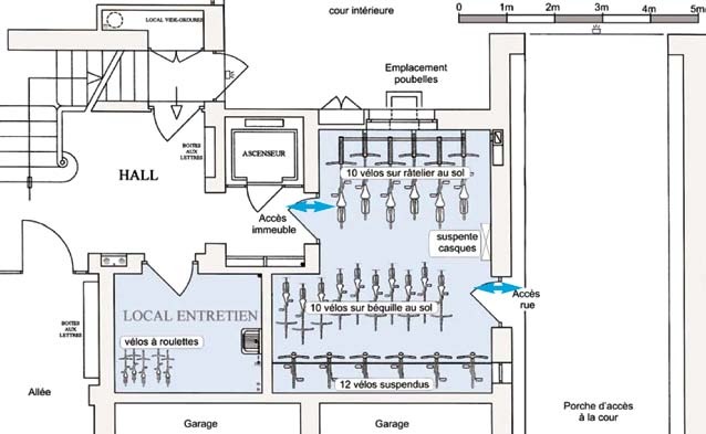 Plan avec local à vélos : 10 vélos sur râtelier, 10 sur béquille, 12 suspendus, suspentes pour casques. Accès par rue ou immeuble. Hall, ascenseur, et espace poubelles en cour intérieure également représentés.