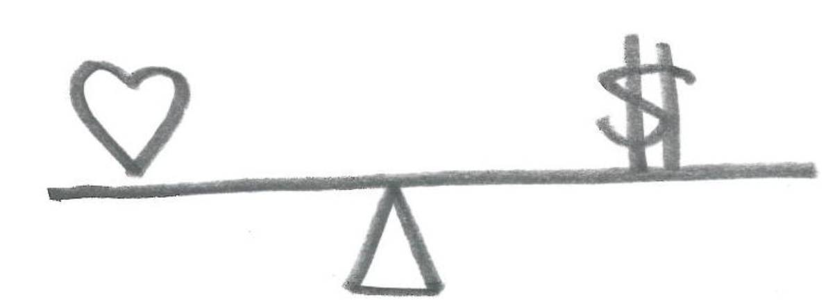 Sur une balance, il y a d'un côté un coeur et de l'autre le signe dollar