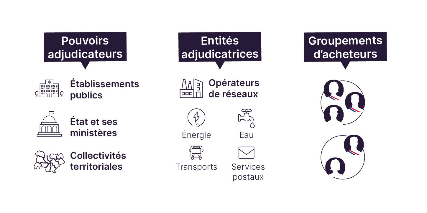 Les pouvoirs adjudicateurs sont les établissements publics, l'État et ses ministères, les collectivités territoriales. Les entités adjudicatrices sont des opérateurs de réseaux. Différents acheteurs peuvent se grouper pour mutualiser leurs achats.