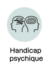 Symbole du handicap psychique : deux profils de tête, l’un avec des traits désordonnés et l’autre avec un motif structuré, illustrant des troubles psychiques.