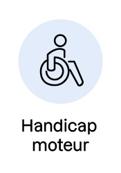 Symbole du handicap moteur : une personne assise dans un fauteuil roulant, illustrant des limitations de mobilité.