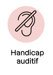 Symbole du handicap auditif : une oreille barrée par une ligne diagonale, représentant une déficience auditive.