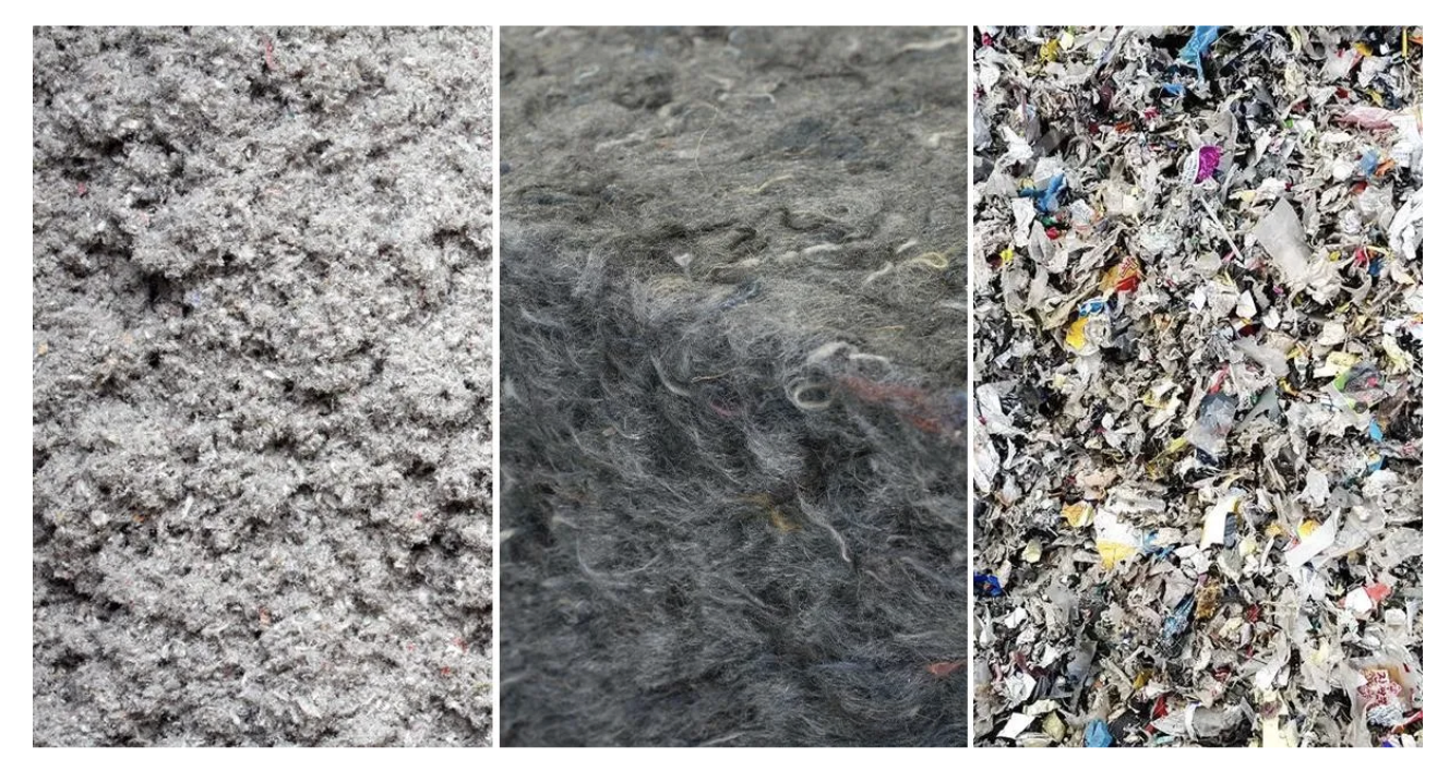 Trois types d’isolants recyclés : à gauche, de la ouate de cellulose issue de papier recyclé ; au centre, un panneau de textile recyclé, dense et fibreux ; à droite, des déchets plastiques broyés, colorés et hétérogènes.