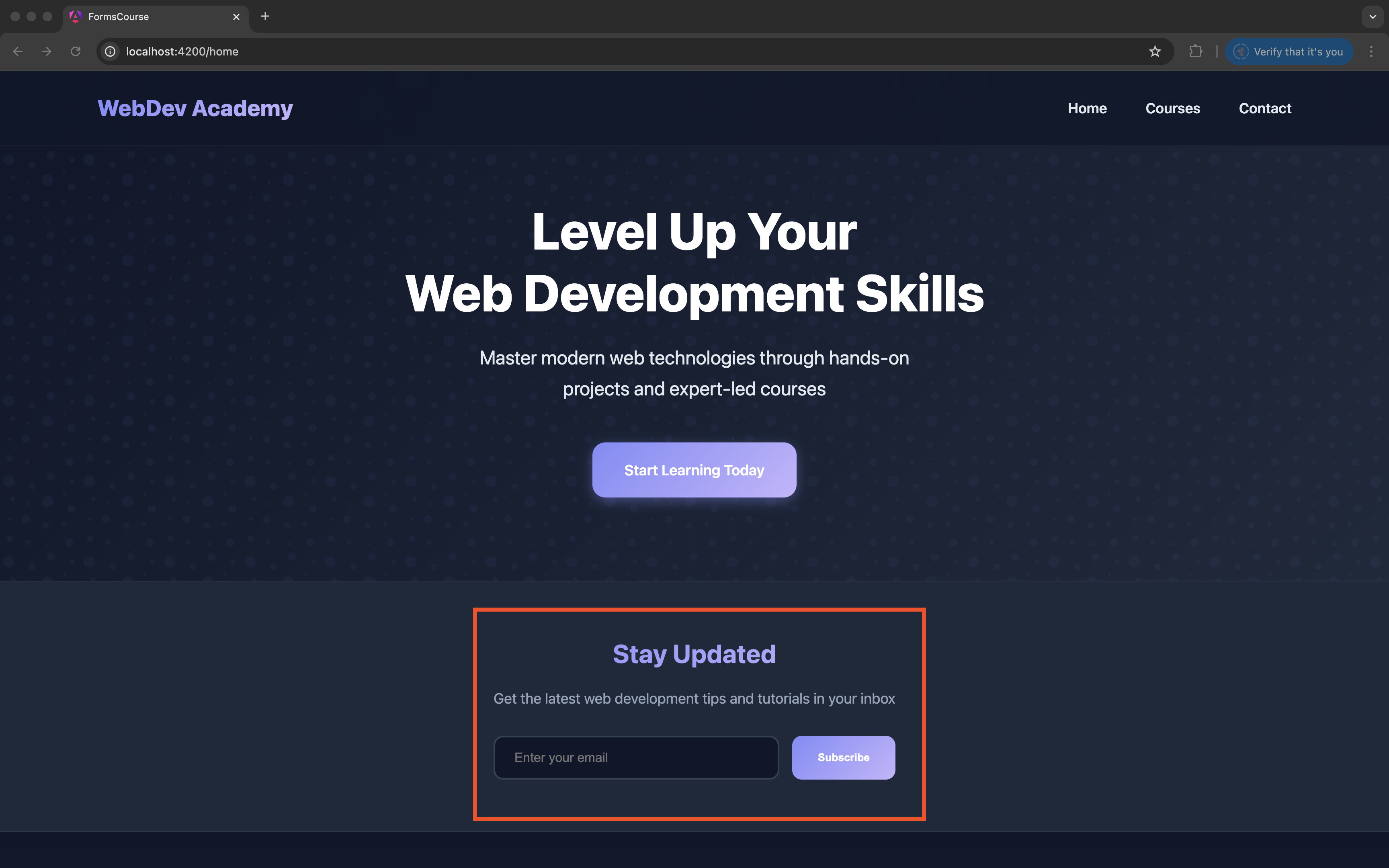 La landing page de l'application