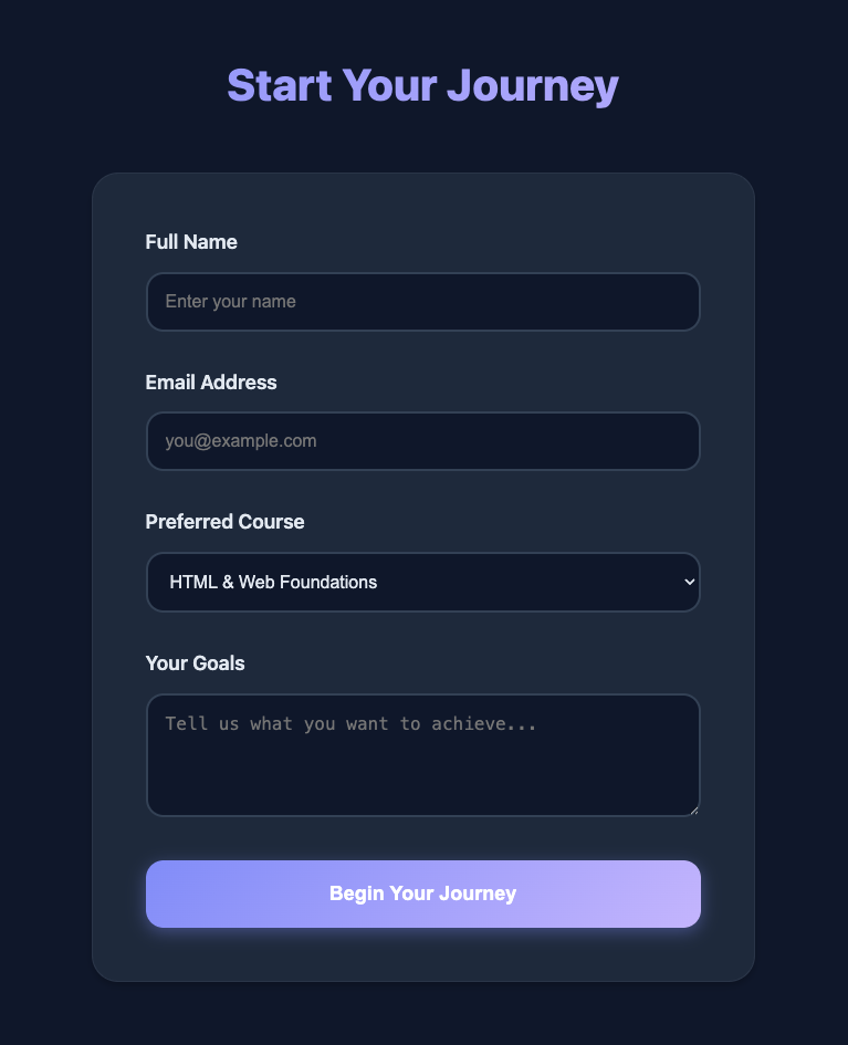 Un formulaire avec des champs nom, email, objectifs…