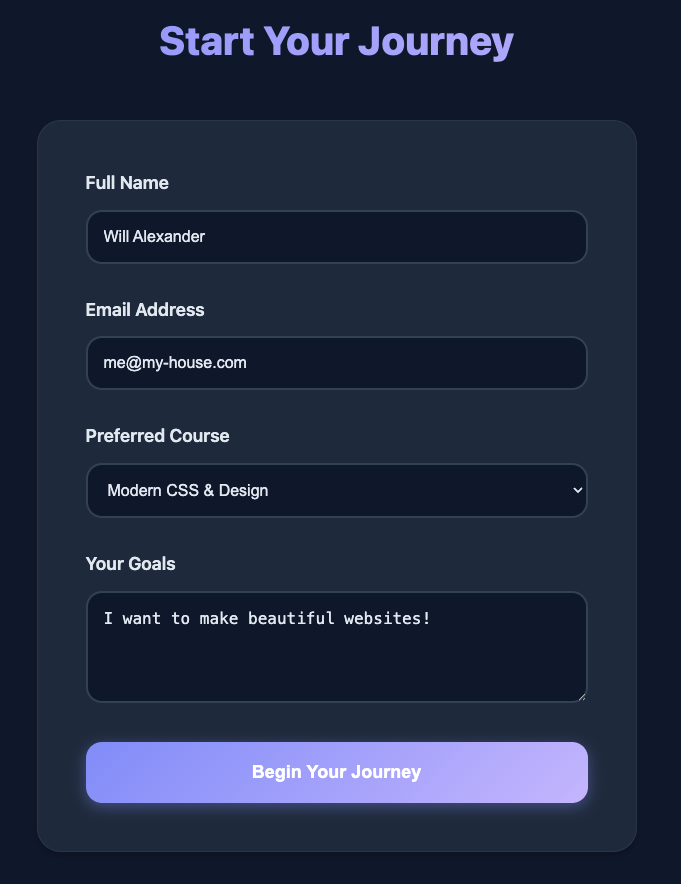Le formulaire rempli avec un nom, un mail, le cours choisi et les objectifs.